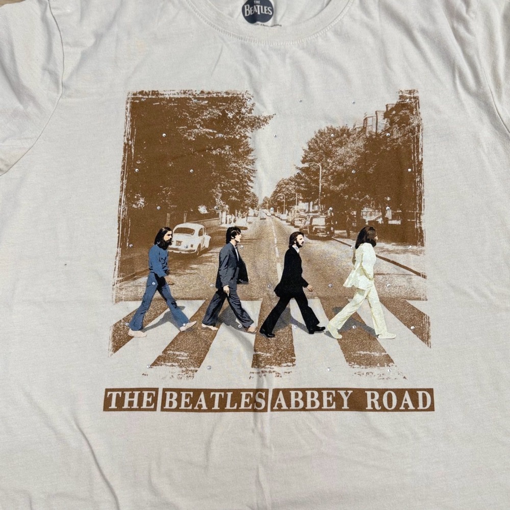 The Beatles Abbey Road Graphic T-Shirt Womens Size M (8-10) Fitted Cream Retro